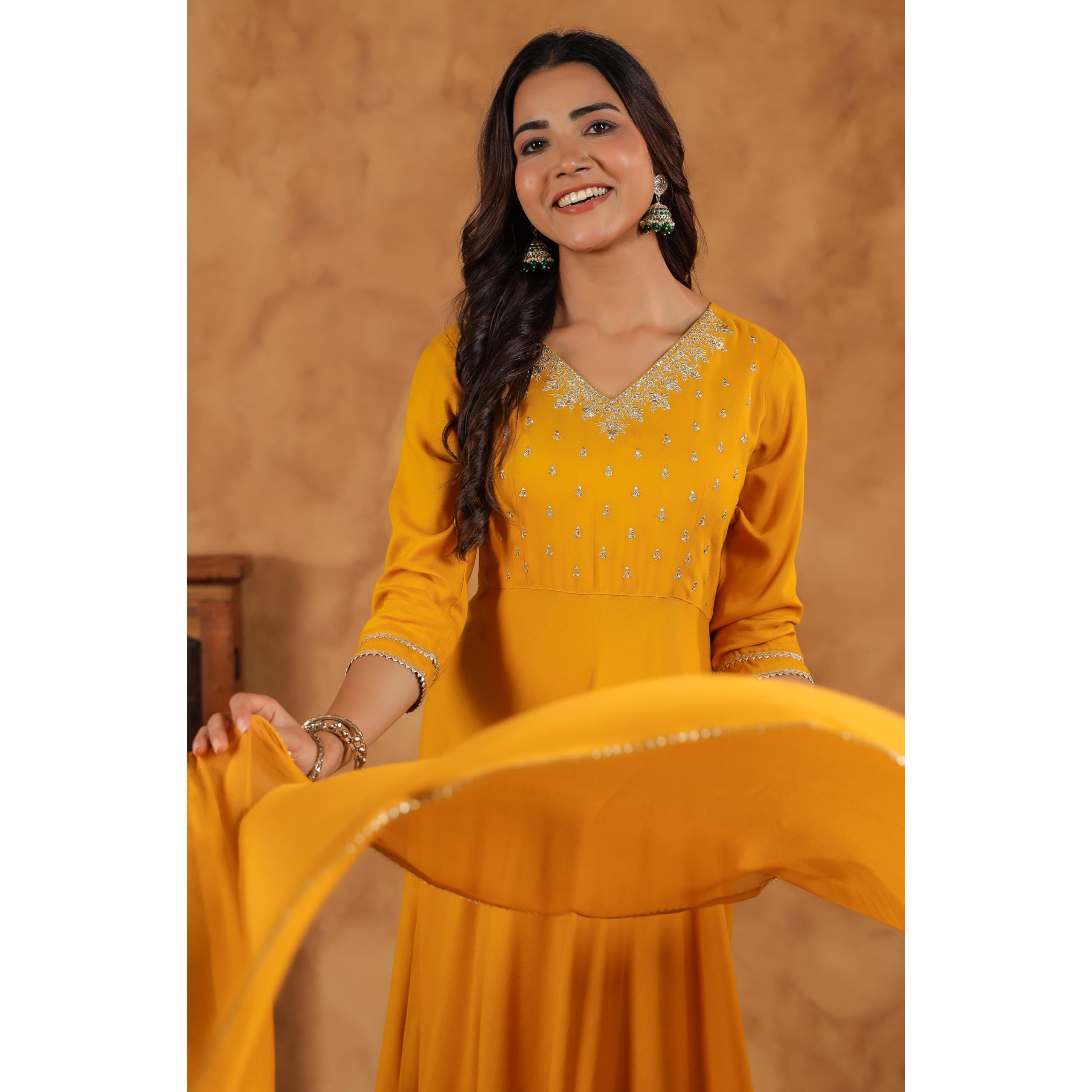 Janasya Women's Mustard Rayon Zari Embroidered Anarkali Kurta Set (JAB24ST00983-XS)
