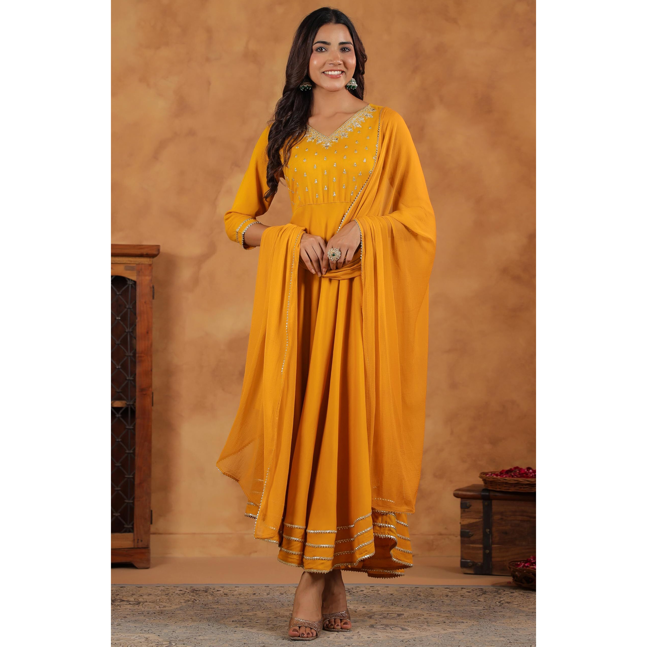Janasya Women's Mustard Rayon Zari Embroidered Anarkali Kurta Set (JAB24ST00983-XS)