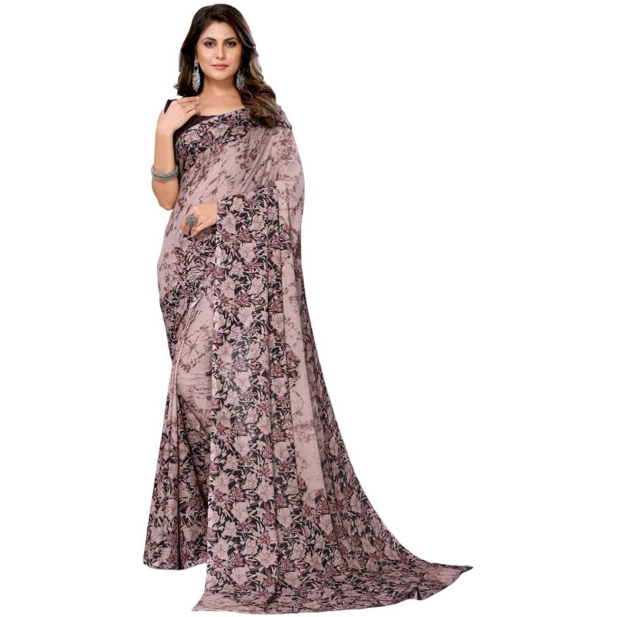 Yashika Women's Trendy Printed Georgette Brown Color Saree with Blouse Material(JANUJA BROWN)