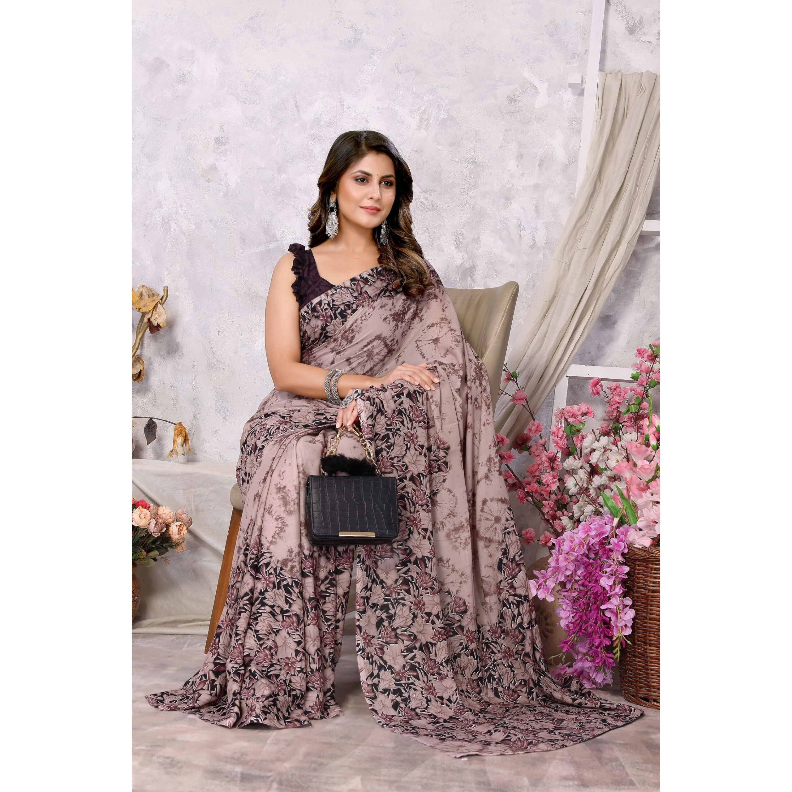 Yashika Women's Trendy Printed Georgette Brown Color Saree with Blouse Material(JANUJA BROWN)
