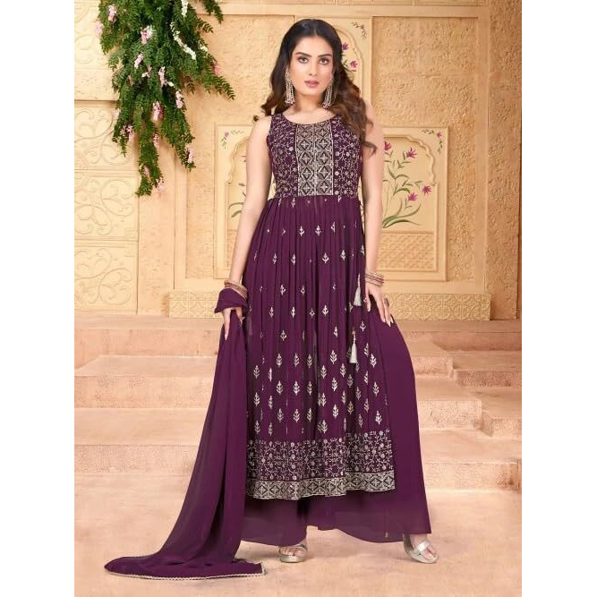 Xomantic Fashion Womens Wine Color Georgette Nyra Cut Kurta Plazzo Set with Dupatta (XX-Large, Wine)