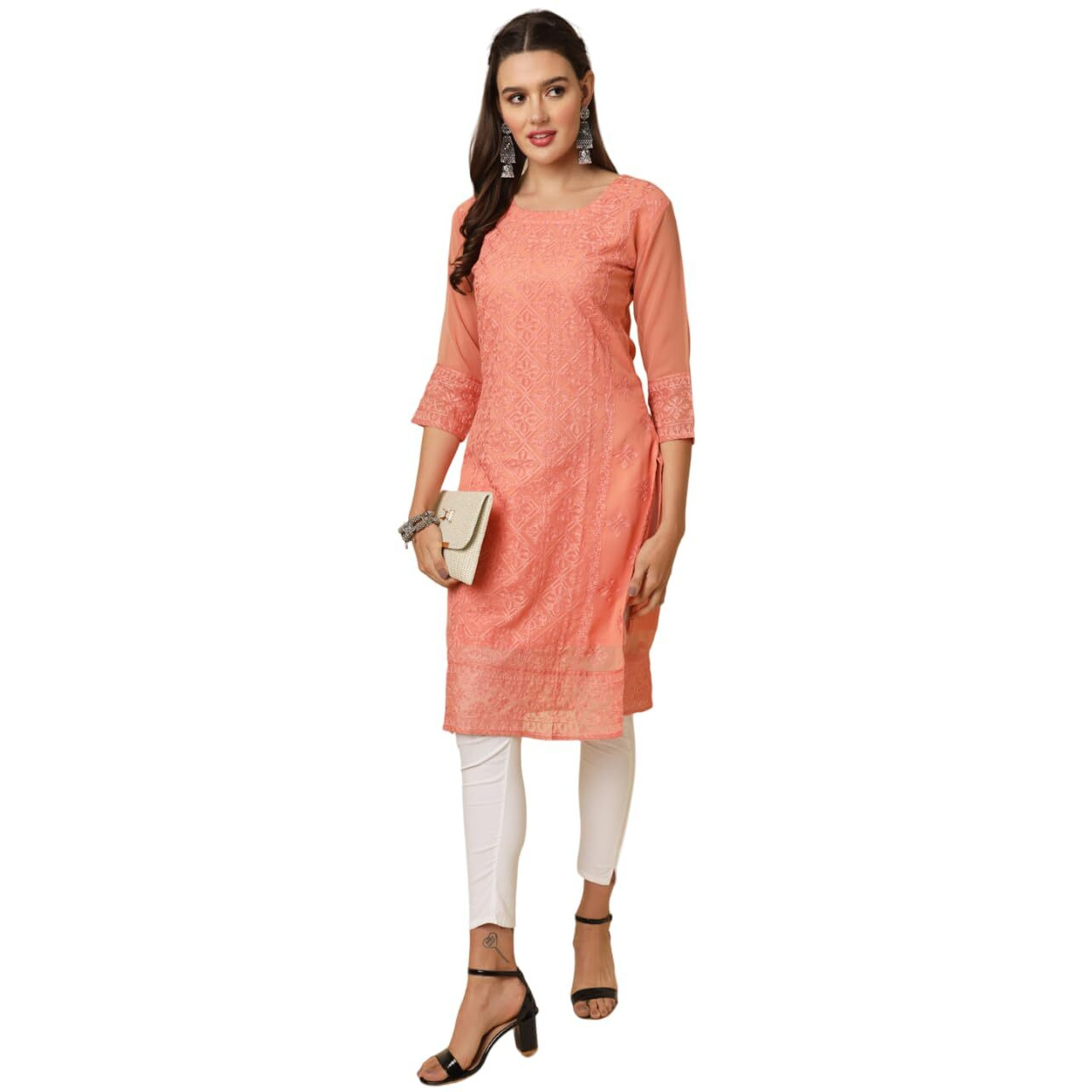 Ekasya Women's Georgette Straight Cut Round Neck Kurta with Lucknowi Chickenkari Beautiful Work (E1630) Orange