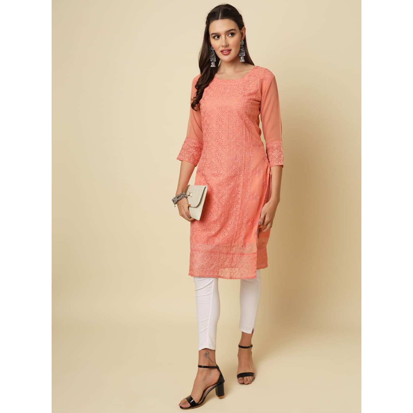 Ekasya Women's Georgette Straight Cut Round Neck Kurta with Lucknowi Chickenkari Beautiful Work (E1630) Orange