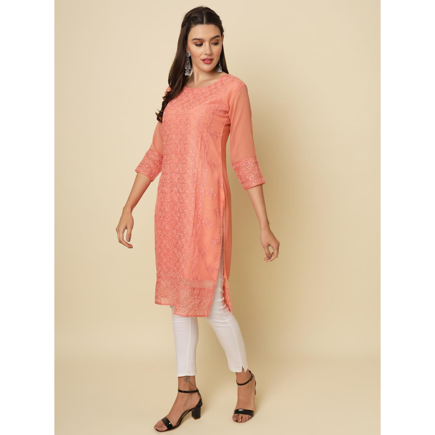 Ekasya Women's Georgette Straight Cut Round Neck Kurta with Lucknowi Chickenkari Beautiful Work (E1630) Orange