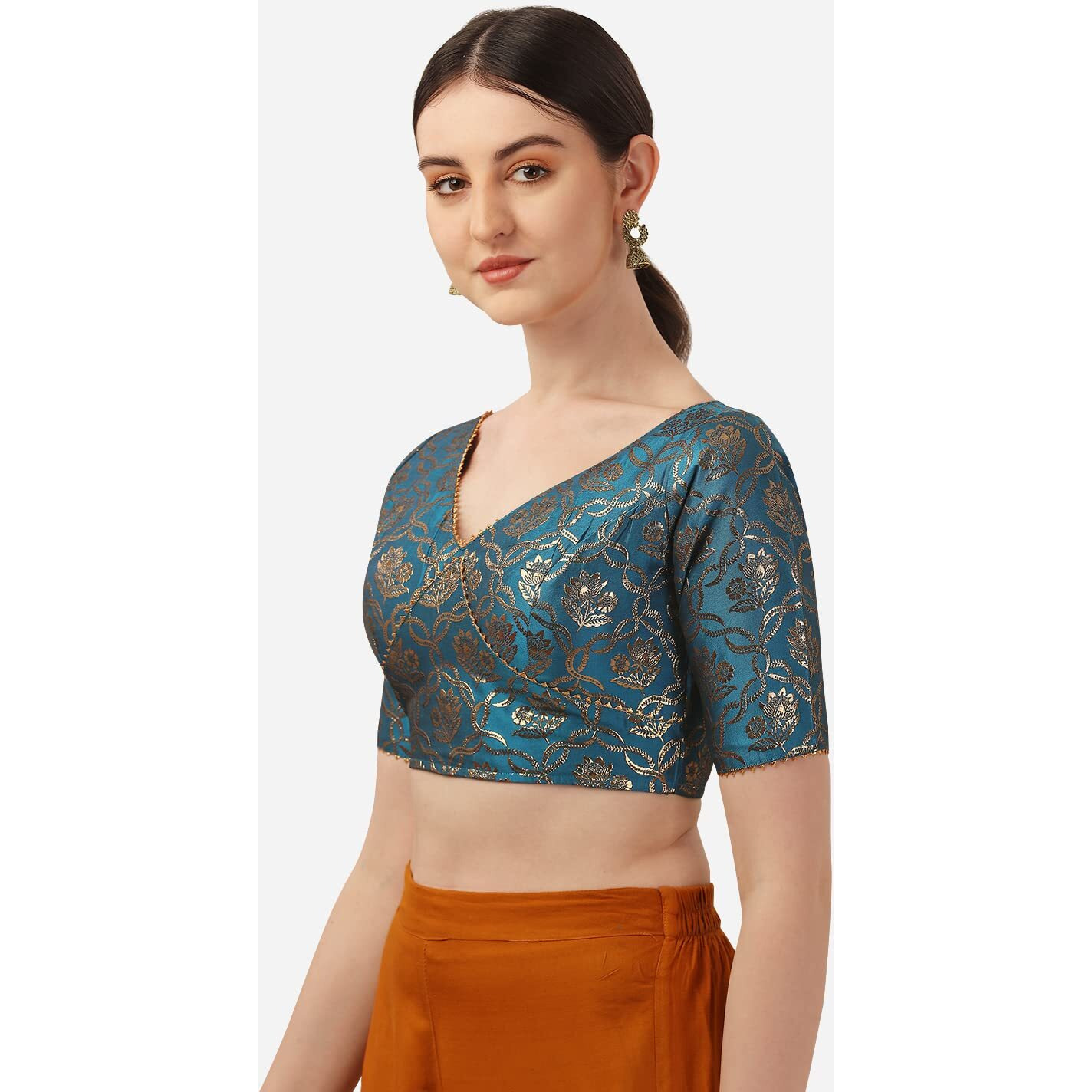 OOMPH Women's Art Silk Short Sleeve Regular Blouse (rbbl288_Sapphire Blue L)