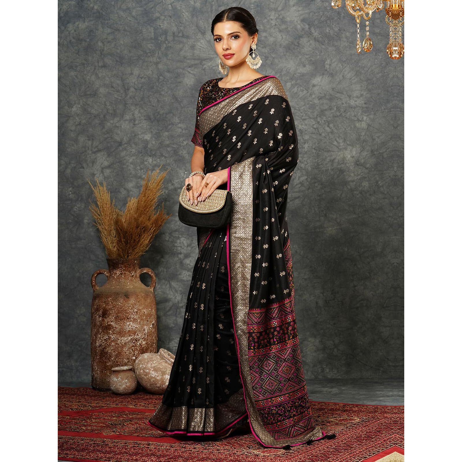 Satrani Women's Dola Silk Banarasi Jacquard Saree with Unstitched Blouse Piece (3894S121N_Black)
