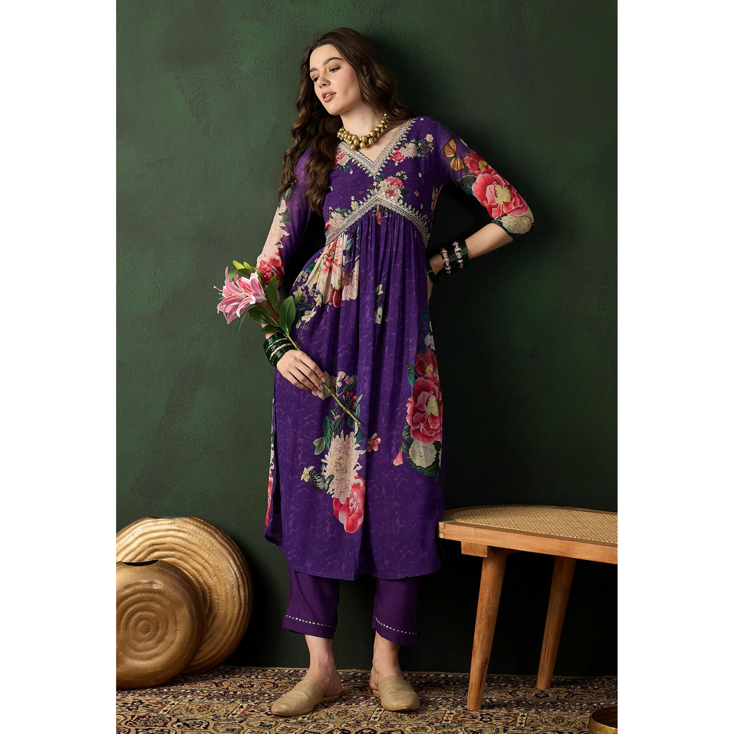 SheWill Purple Zari Sequence Embroidered Alia Cut Kurta with Pant Set|SHEKP10057_ADTI_A