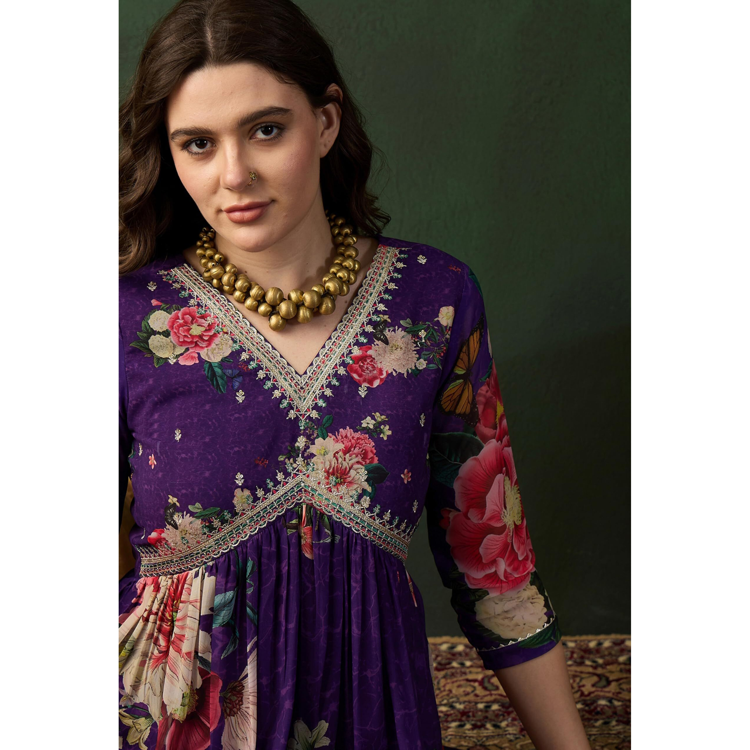 SheWill Purple Zari Sequence Embroidered Alia Cut Kurta with Pant Set|SHEKP10057_ADTI_A