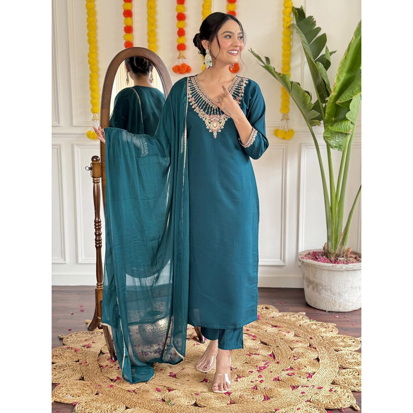 Women's Petrol Chanderi Viscose Embroidered Straight Kurta with Chanderi Viscose Pant and Naylon Jacquard Dupatta Sets (NX-S-Nilam-Petrol-XL)