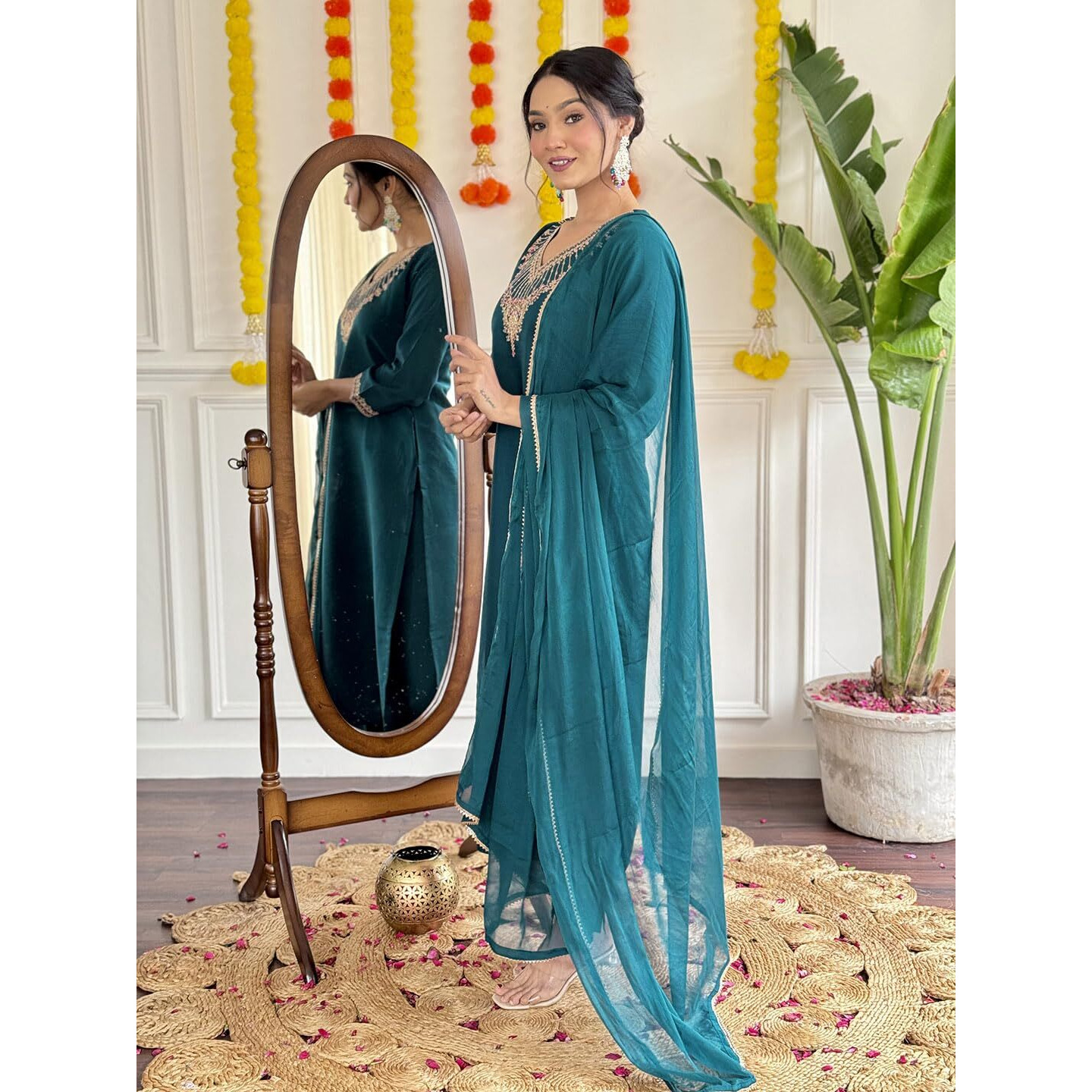 Women's Petrol Chanderi Viscose Embroidered Straight Kurta with Chanderi Viscose Pant and Naylon Jacquard Dupatta Sets (NX-S-Nilam-Petrol-XL)