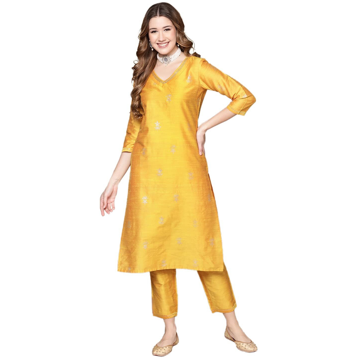 anubhutee Women's Cotton Yellow Ethnic Motifs Printed Straight Kurta Suit Set With Pants