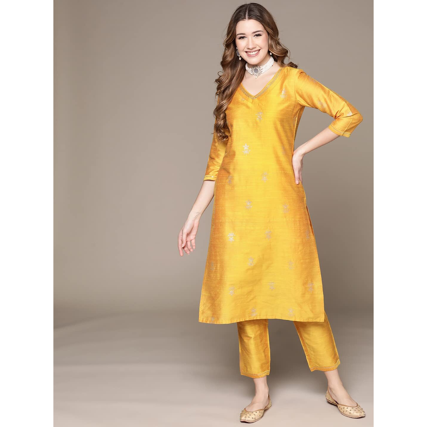 anubhutee Women's Cotton Yellow Ethnic Motifs Printed Straight Kurta Suit Set With Pants