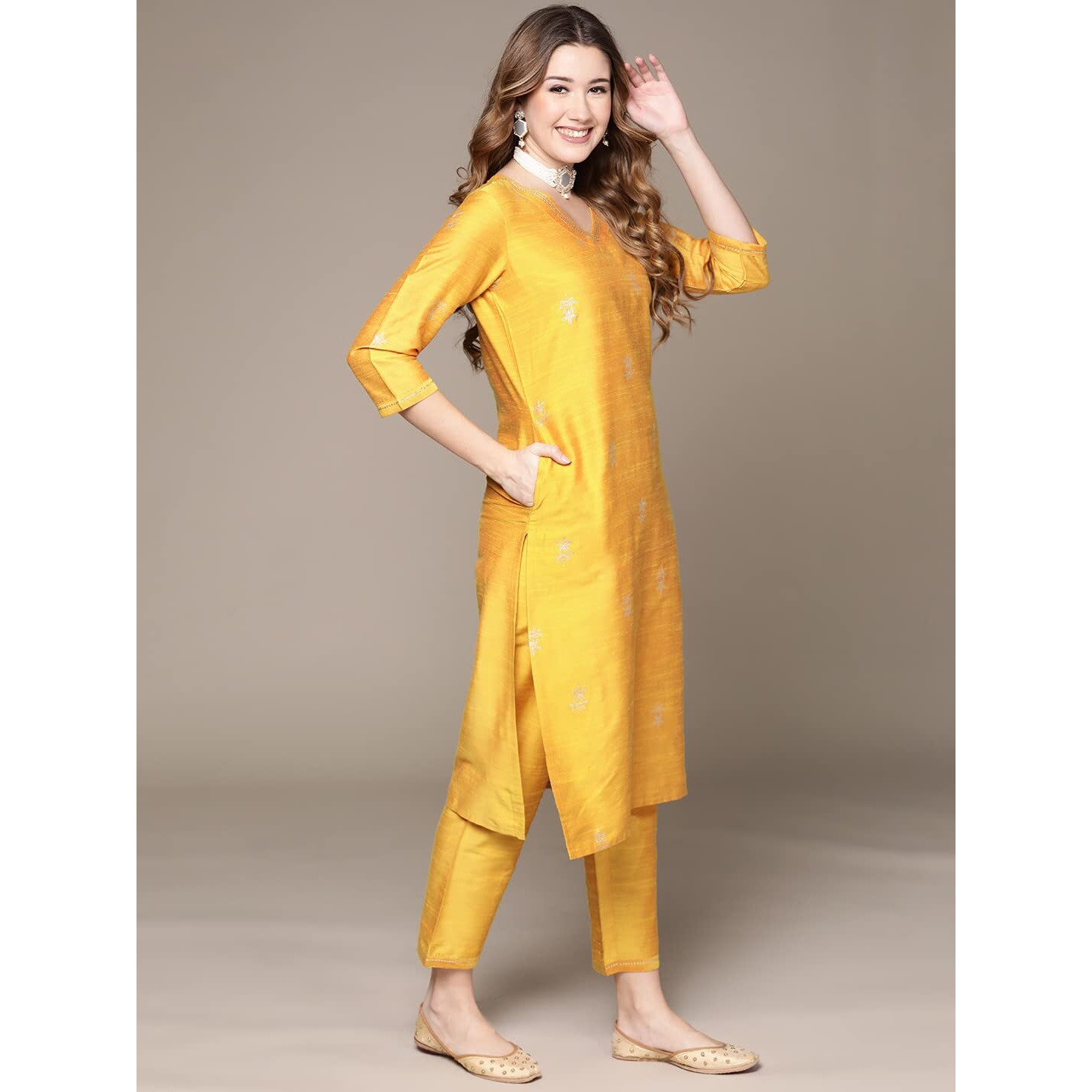 anubhutee Women's Cotton Yellow Ethnic Motifs Printed Straight Kurta Suit Set With Pants