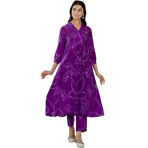 ANNI DESIGNER Women's Cotton Blend Anarkali Printed Kurta with Pant (Marup Begani_L_Begani_Large)