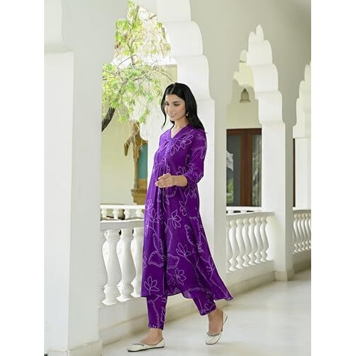 ANNI DESIGNER Women's Cotton Blend Anarkali Printed Kurta with Pant (Marup Begani_L_Begani_Large)