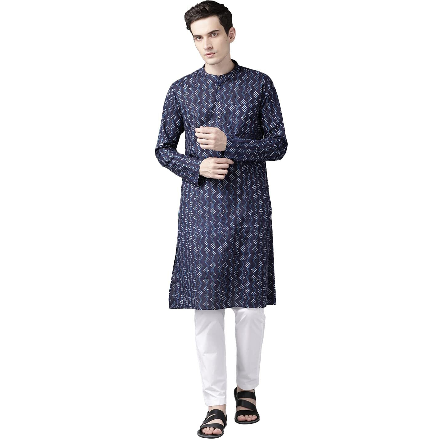 See Designs Blue & White Cotton Regular Fit Mandarin Collar Printed Kurta Set Two Pockets_SDKT98201M