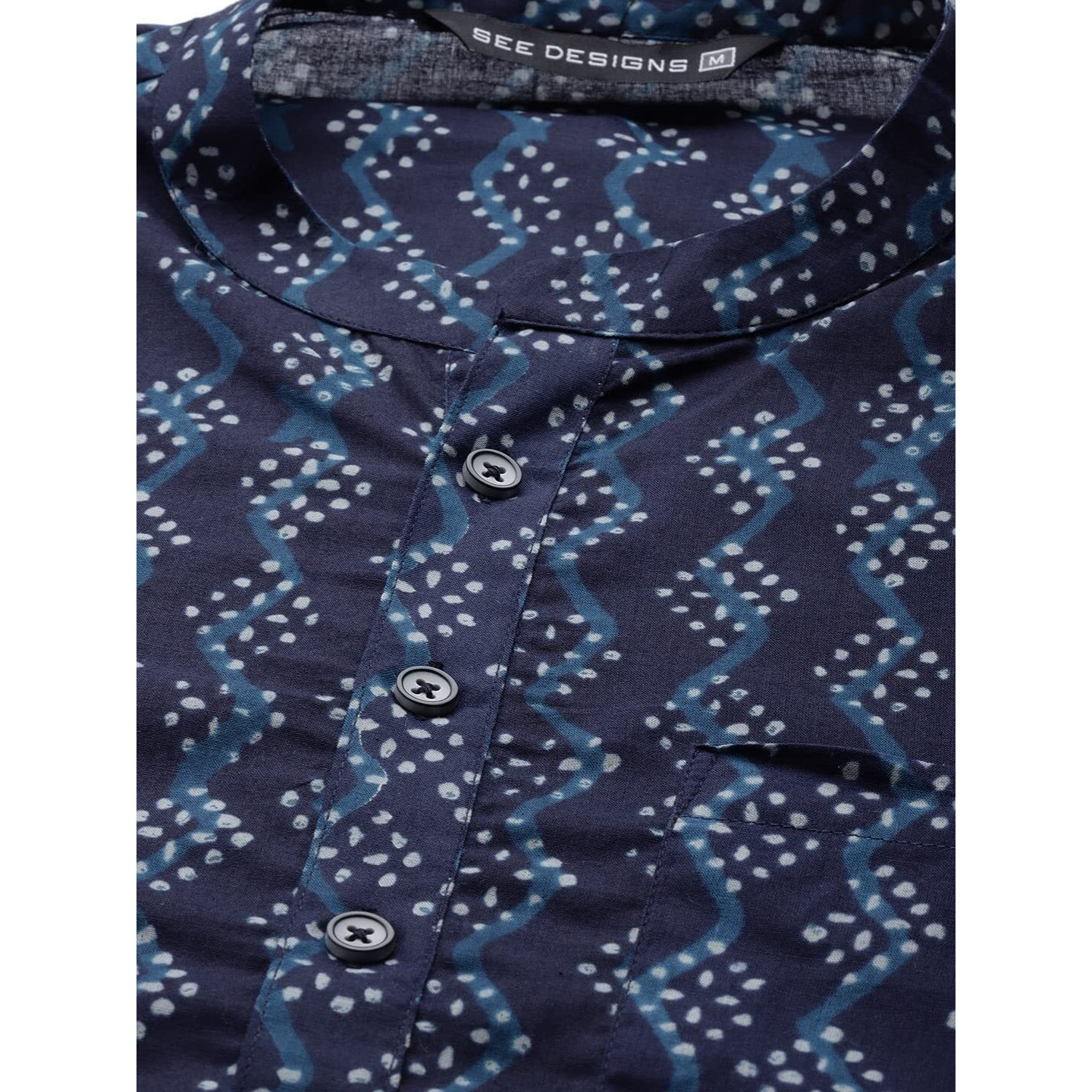 See Designs Blue & White Cotton Regular Fit Mandarin Collar Printed Kurta Set Two Pockets_SDKT98201M