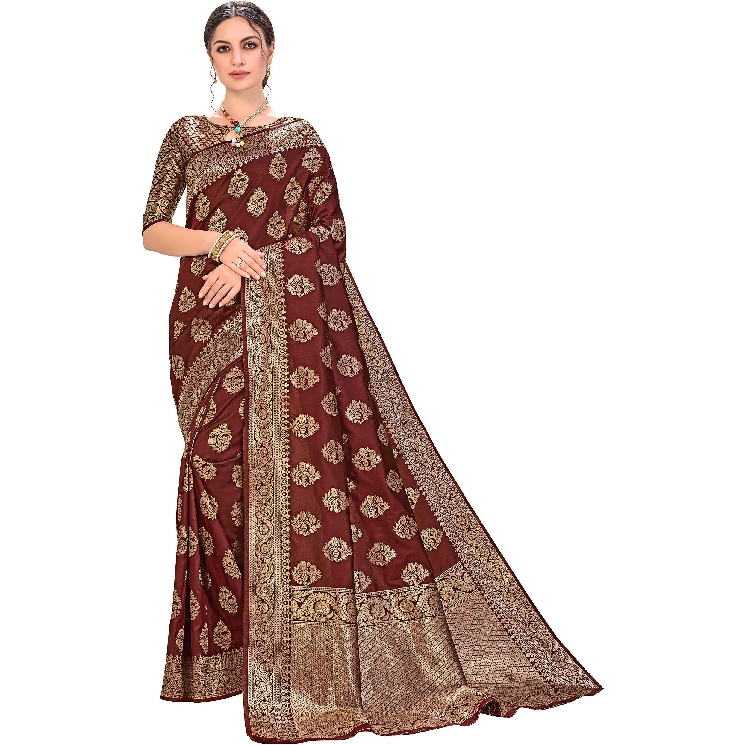 Glory Sarees Women's Banarasi Silk Saree With Unstitched Blouse (kara129_maroon)