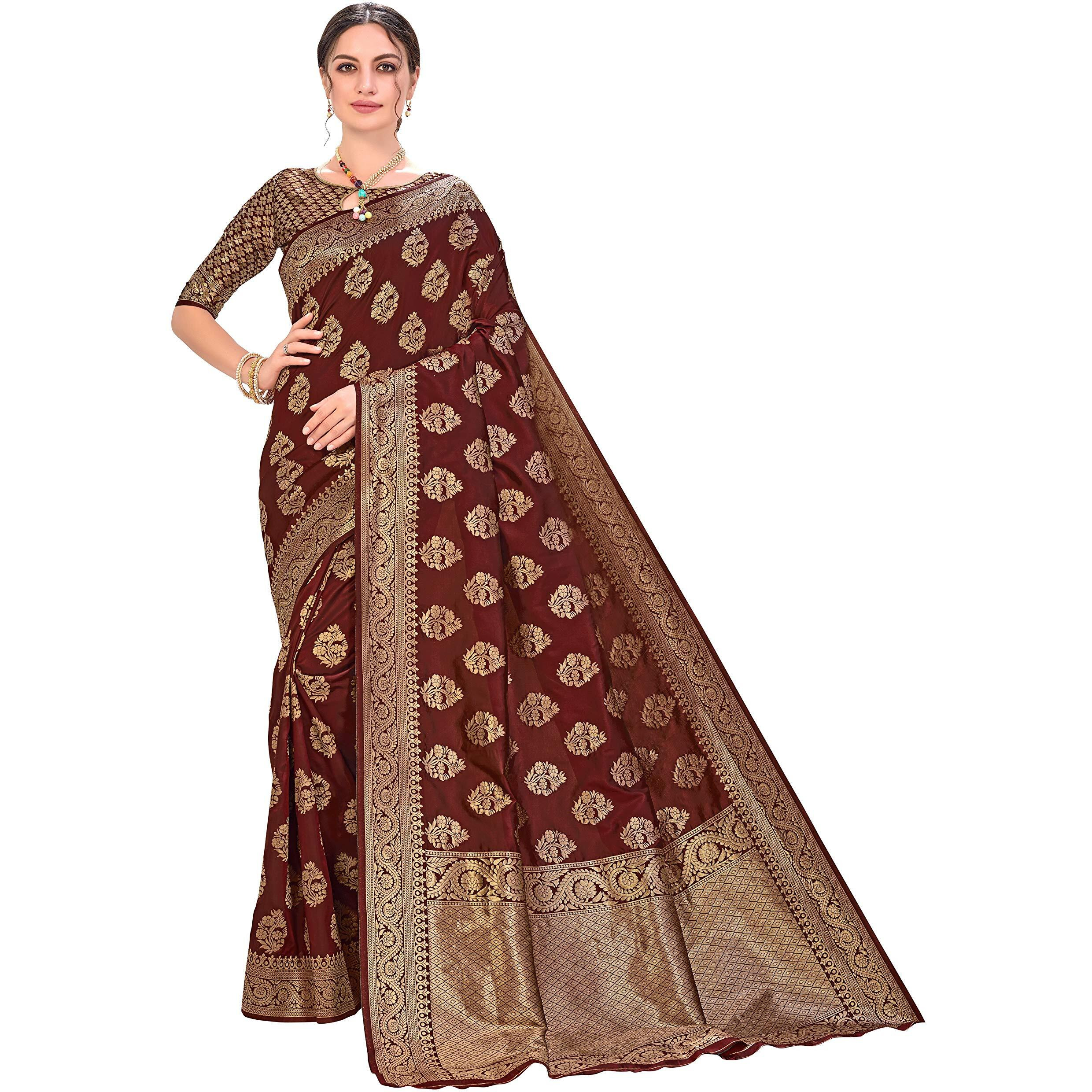 Glory Sarees Women's Banarasi Silk Saree With Unstitched Blouse (kara129_maroon)