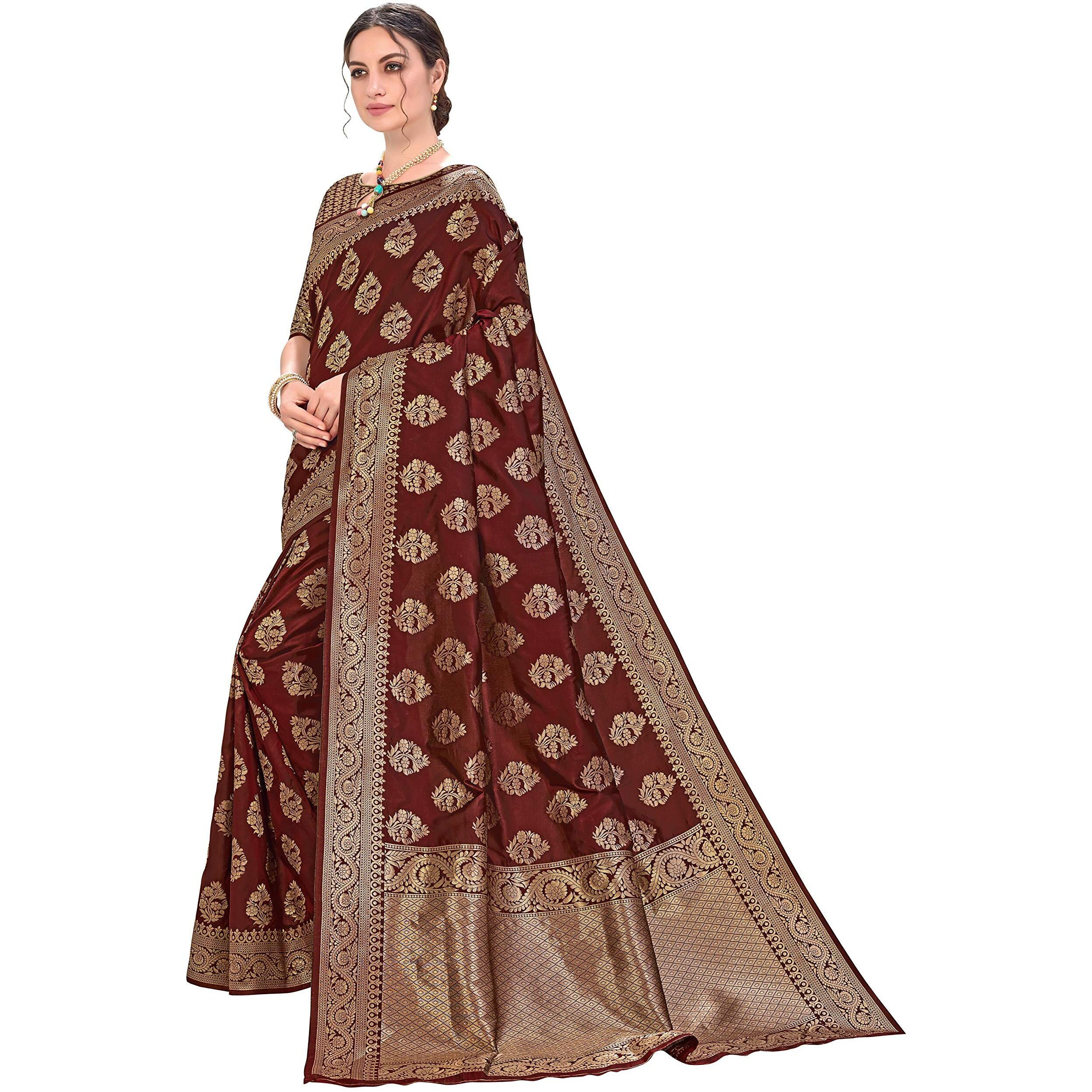 Glory Sarees Women's Banarasi Silk Saree With Unstitched Blouse (kara129_maroon)