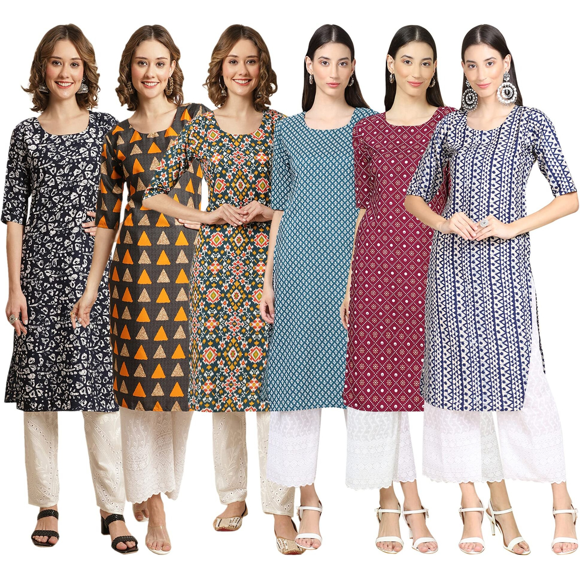 Pinkmint Women's Crepe Digital Print Straight Kurta [Pack of 6](CR-388-387-383-351-355-348-S)