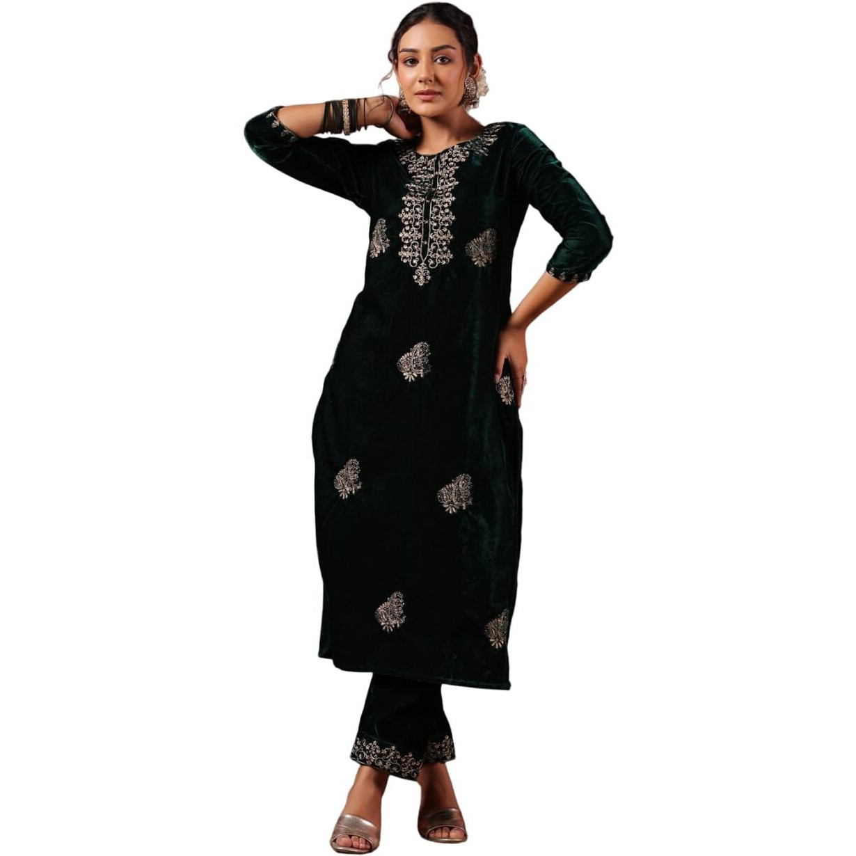 ishin Women's Velvet Ethnic Motifs Zari Green Straight Kurta Suit Set with Trousers