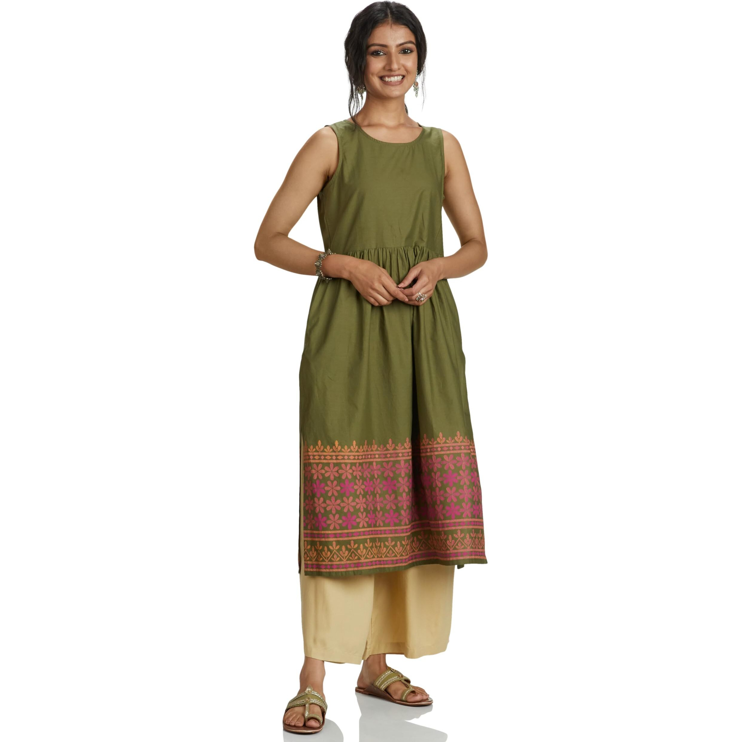 Amazon Brand - Myx Women's Cotton Regular Kurta (AW22MYX26_Olive Border_XL)