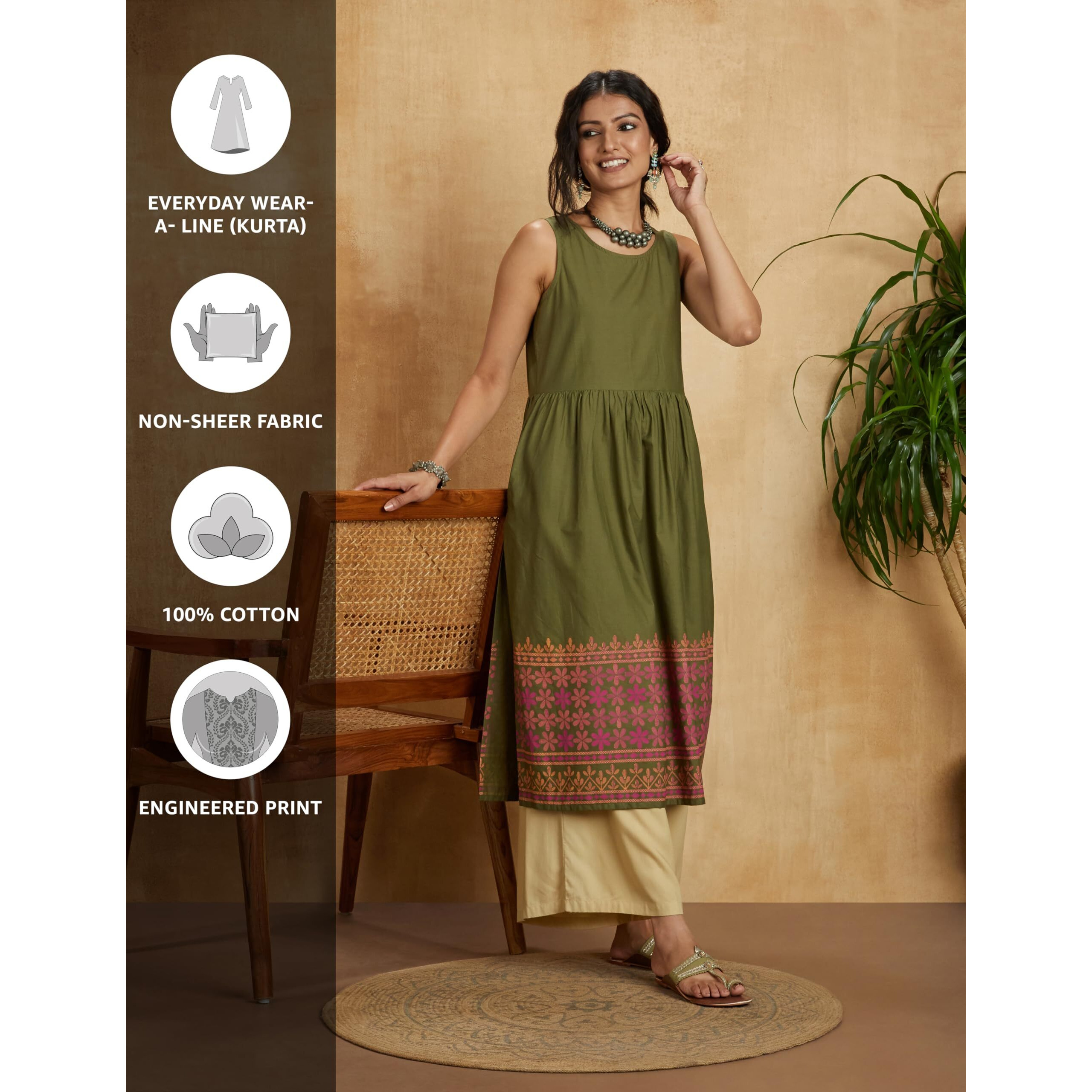 Amazon Brand - Myx Women's Cotton Regular Kurta (AW22MYX26_Olive Border_XL)
