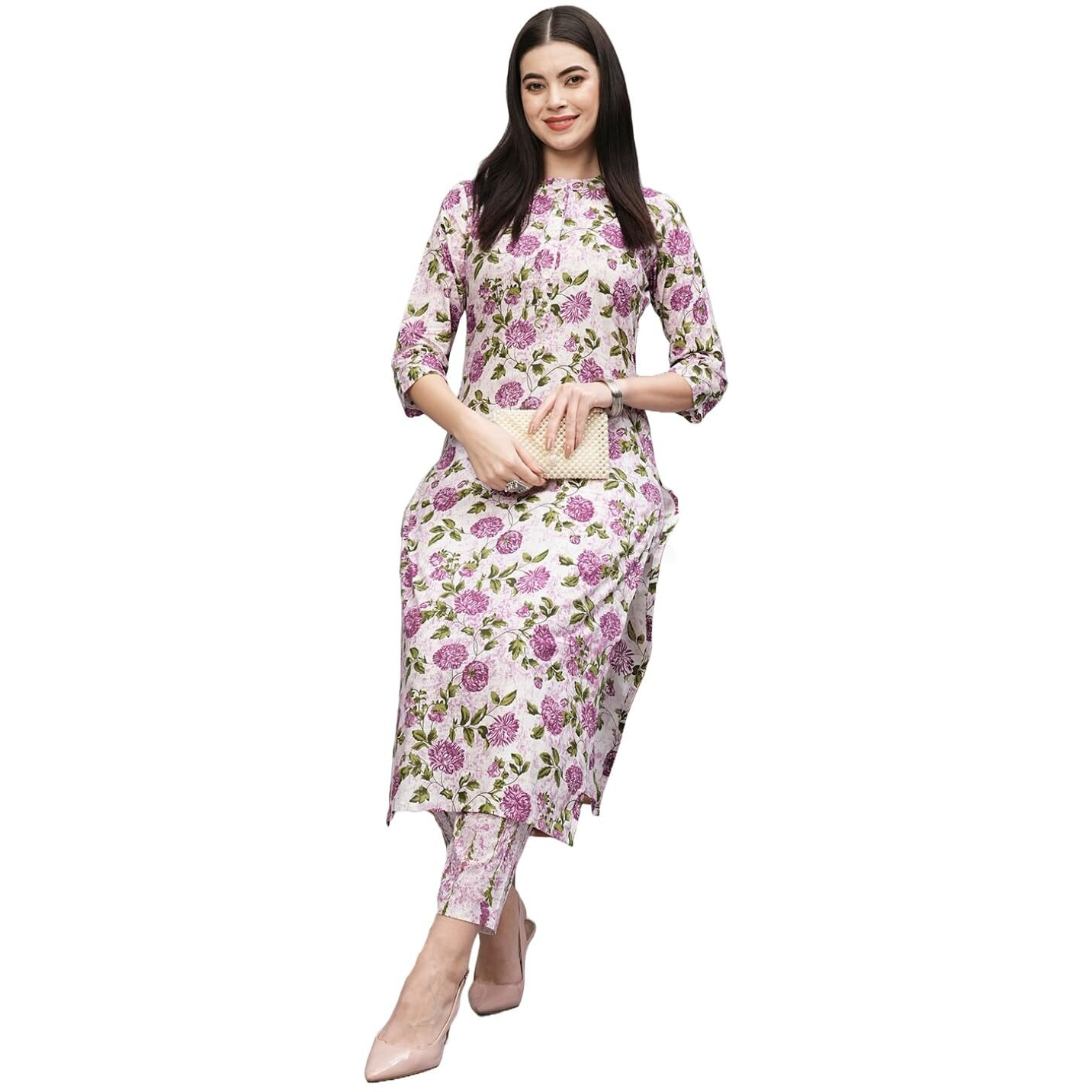 ANNI DESIGNER Women's Cotton Blend Straight Printed Kurta with Pant (Dafiya Purple_S_Purple_Small)