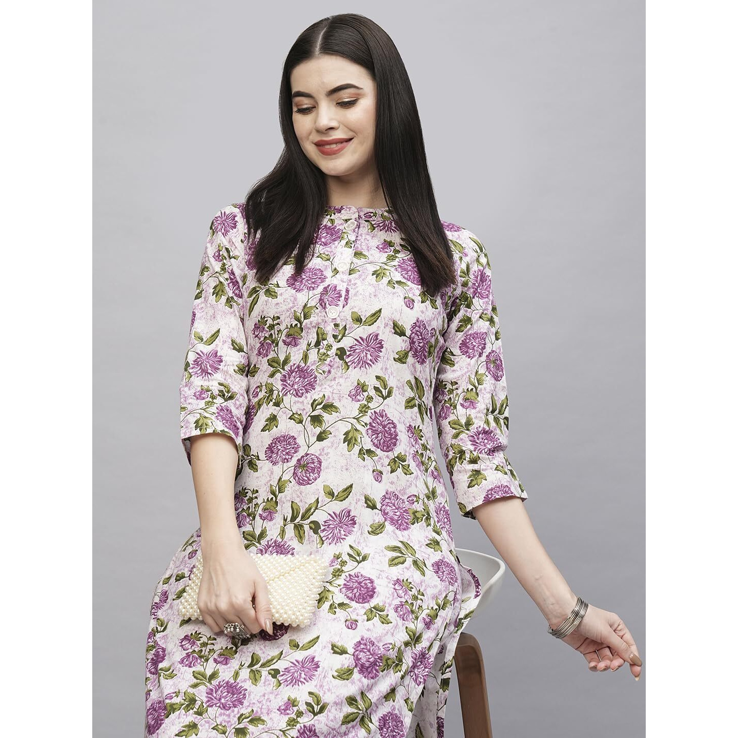 ANNI DESIGNER Women's Cotton Blend Straight Printed Kurta with Pant (Dafiya Purple_S_Purple_Small)