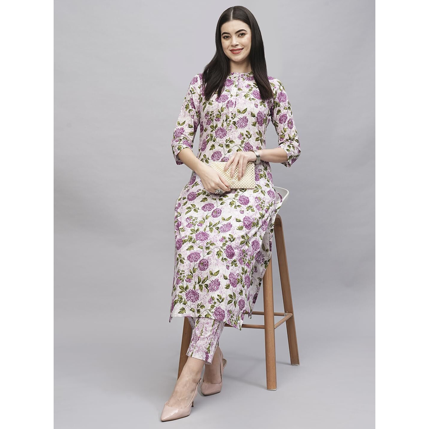 ANNI DESIGNER Women's Cotton Blend Straight Printed Kurta with Pant (Dafiya Purple_S_Purple_Small)