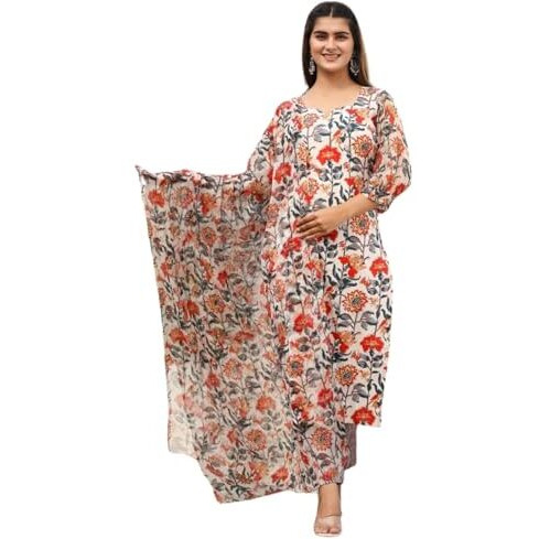 DHRUVI TRENDZ Womens Cotton Blend Women Kurta Set With Duptta and Pant Regular Fit Regular (DT-K2707&P129&D84_White_L)