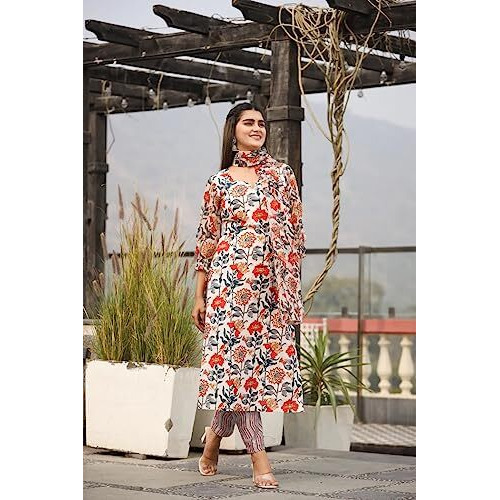 DHRUVI TRENDZ Womens Cotton Blend Women Kurta Set With Duptta and Pant Regular Fit Regular (DT-K2707&P129&D84_White_L)