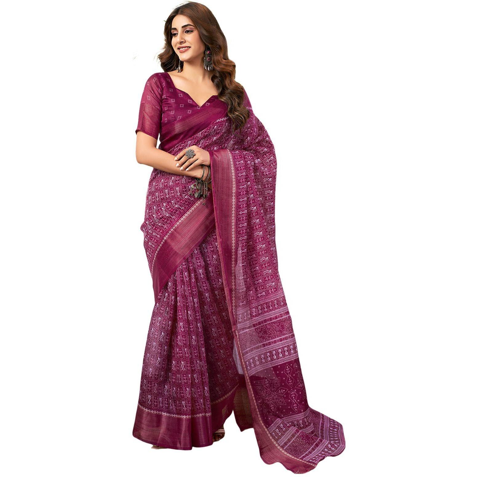 SAMAH Women's Cotton Blend Saree (3771S153N_Wine)