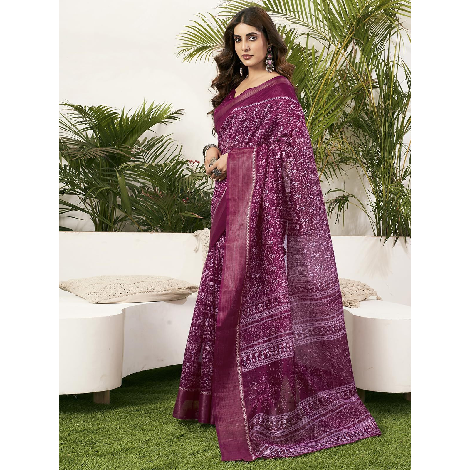 SAMAH Women's Cotton Blend Saree (3771S153N_Wine)