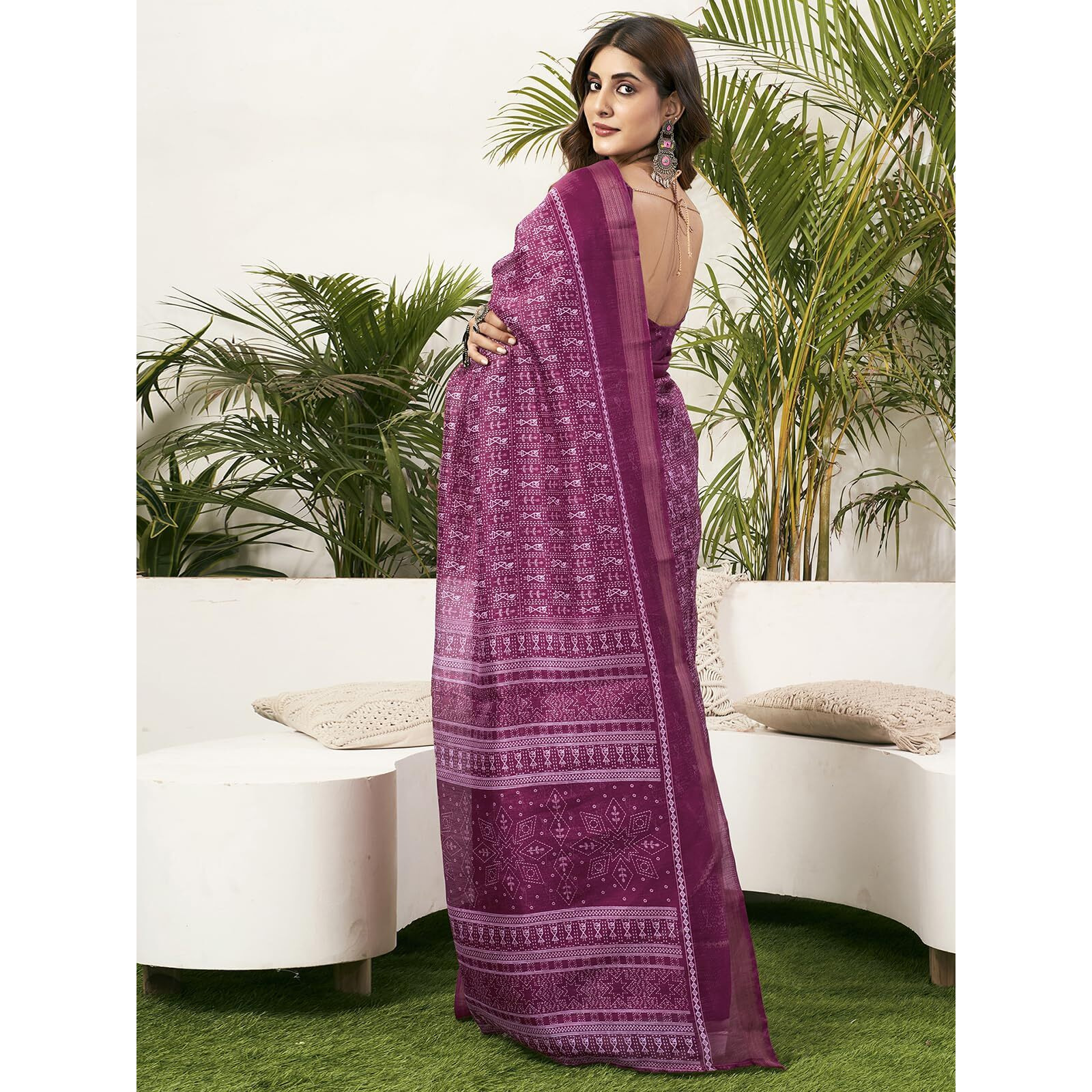 SAMAH Women's Cotton Blend Saree (3771S153N_Wine)