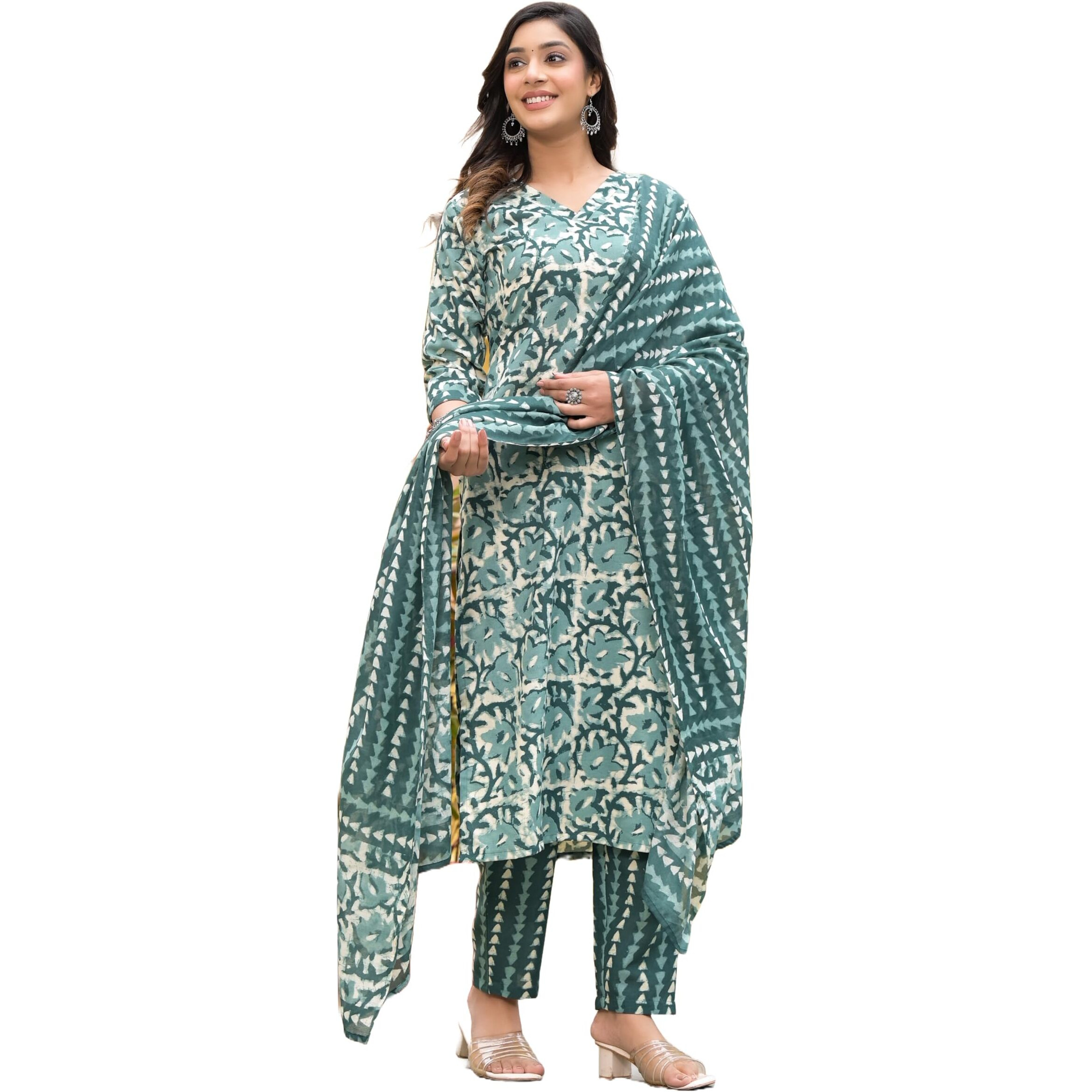 KLOSIA Women Printed Straight Kurta and Pant Set with Dupatta | Kurta Set | Ethnic Set | Dupatta Set | Festive Suit | Office Wear Kurta Set | (Large) Green