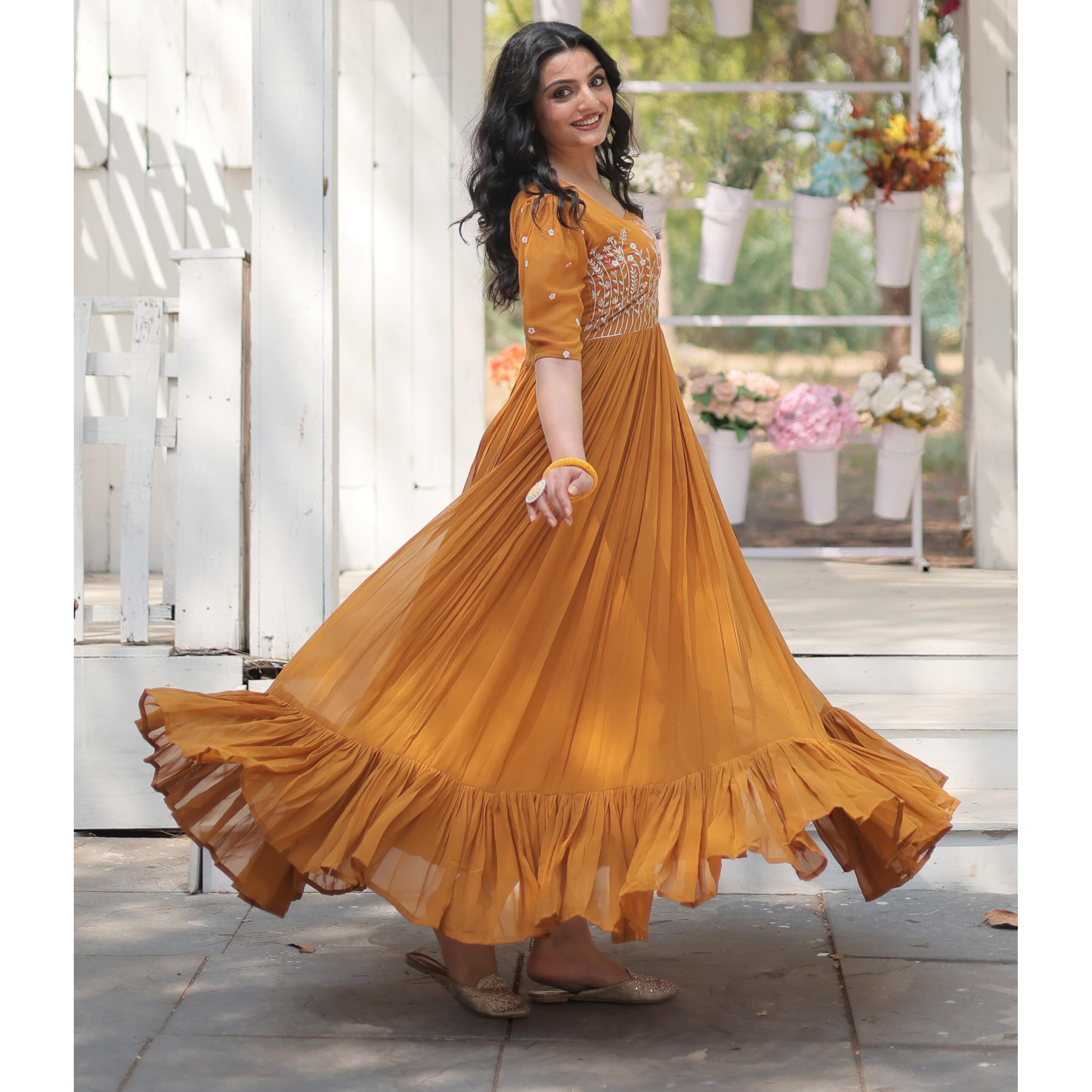 Fashion Basket Georgette Anarkali Gown with Sequins and Embroidery for Women with Long Sleeves (Medium, Yellow)
