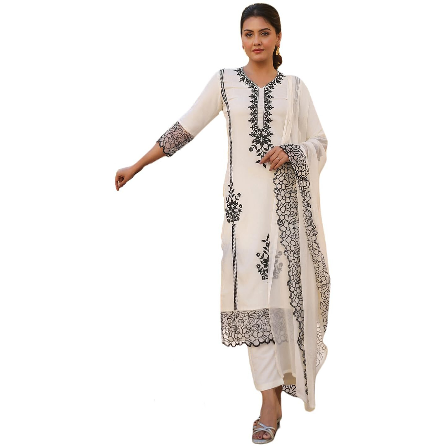 GoSriKi Women's Rayon Blend Embroidered Straight Kurta with Pant & Dupatta (TRP-Off-White-NBH-GS_L_White_Large)