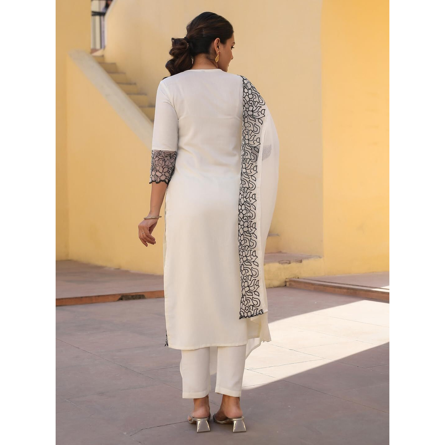 GoSriKi Women's Rayon Blend Embroidered Straight Kurta with Pant & Dupatta (TRP-Off-White-NBH-GS_L_White_Large)