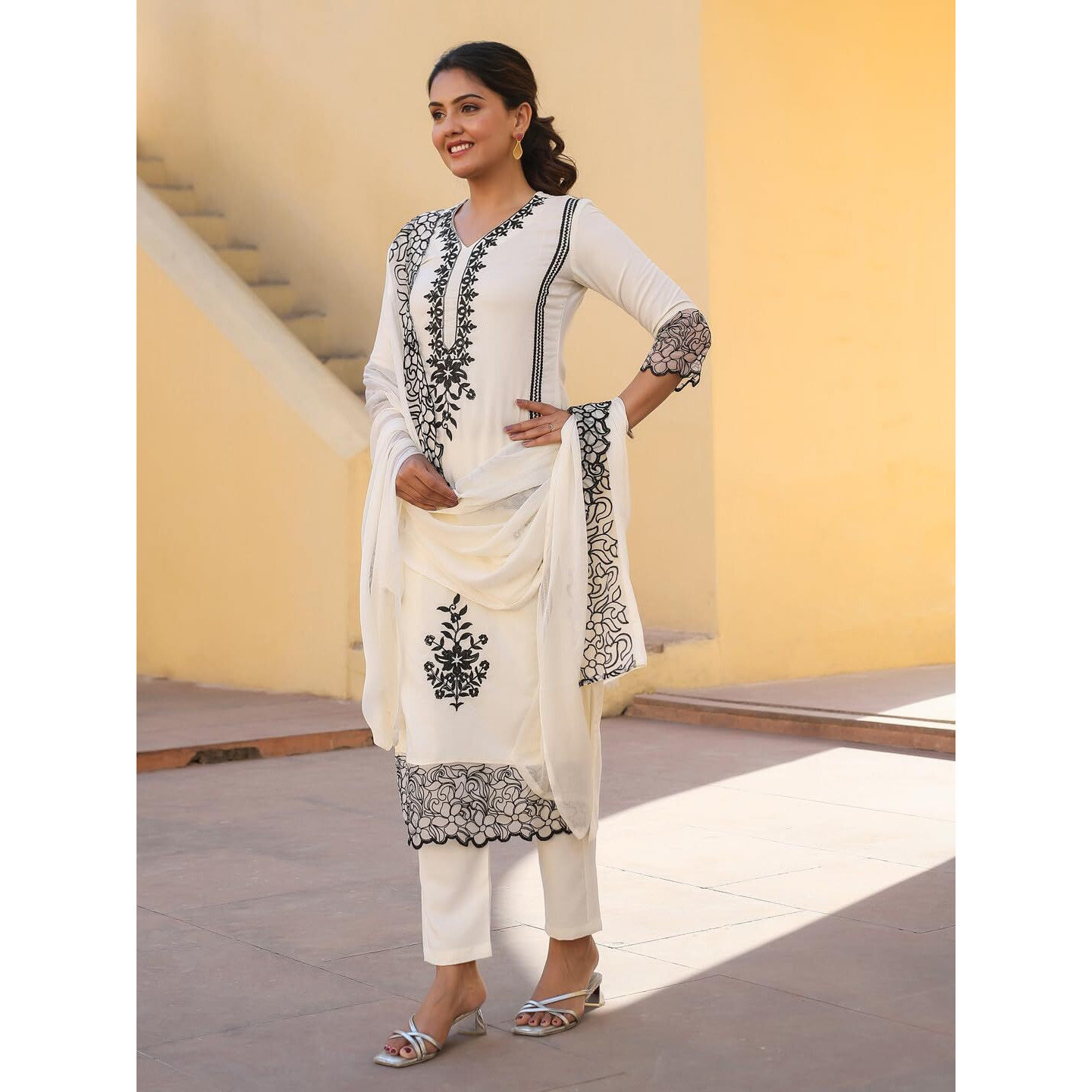 GoSriKi Women's Rayon Blend Embroidered Straight Kurta with Pant & Dupatta (TRP-Off-White-NBH-GS_L_White_Large)