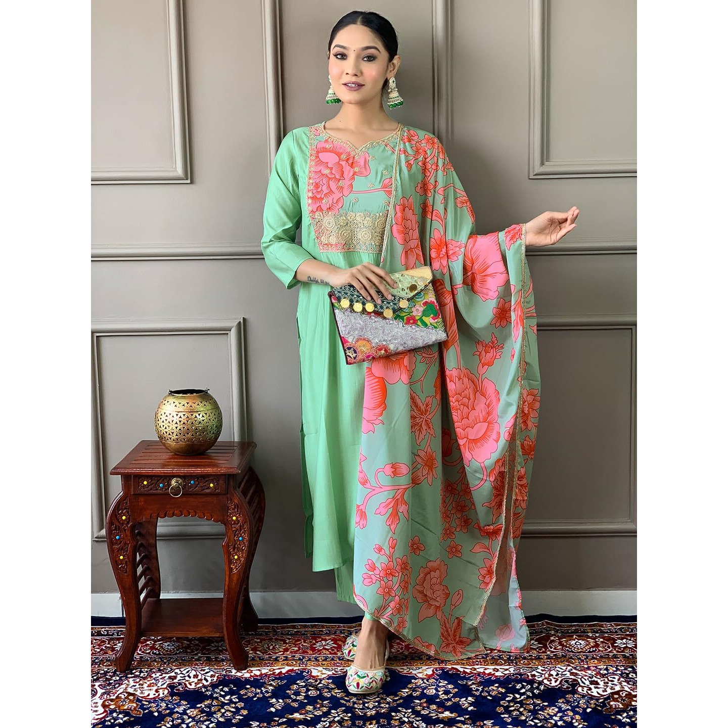 Naixa Women's Firoji Chanderi with Cotton Lining Embroidered Straight Kurta with Chanderi Silk Pant and Crep Silk Printed Dupatta Sets (NX-555-Firoji-XL)