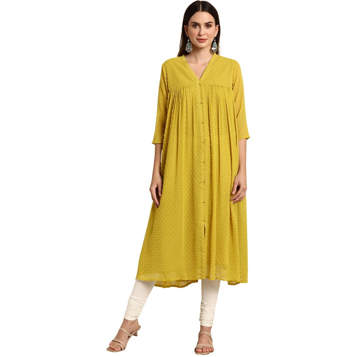 Janasya Women's Mustard Dobby Chiffon Woven Design Front Slit Flared Kurta (JNE3800-KR-J-XL)