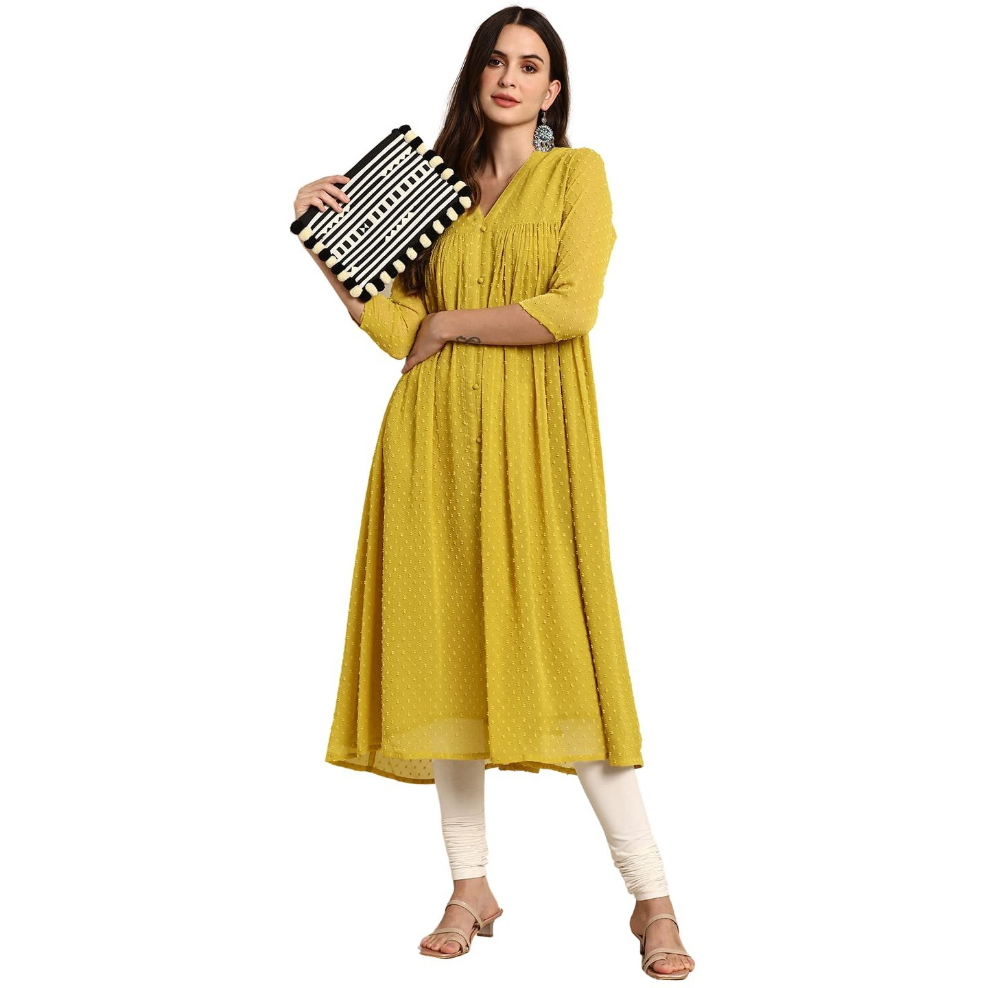 Janasya Women's Mustard Dobby Chiffon Woven Design Front Slit Flared Kurta (JNE3800-KR-J-XL)