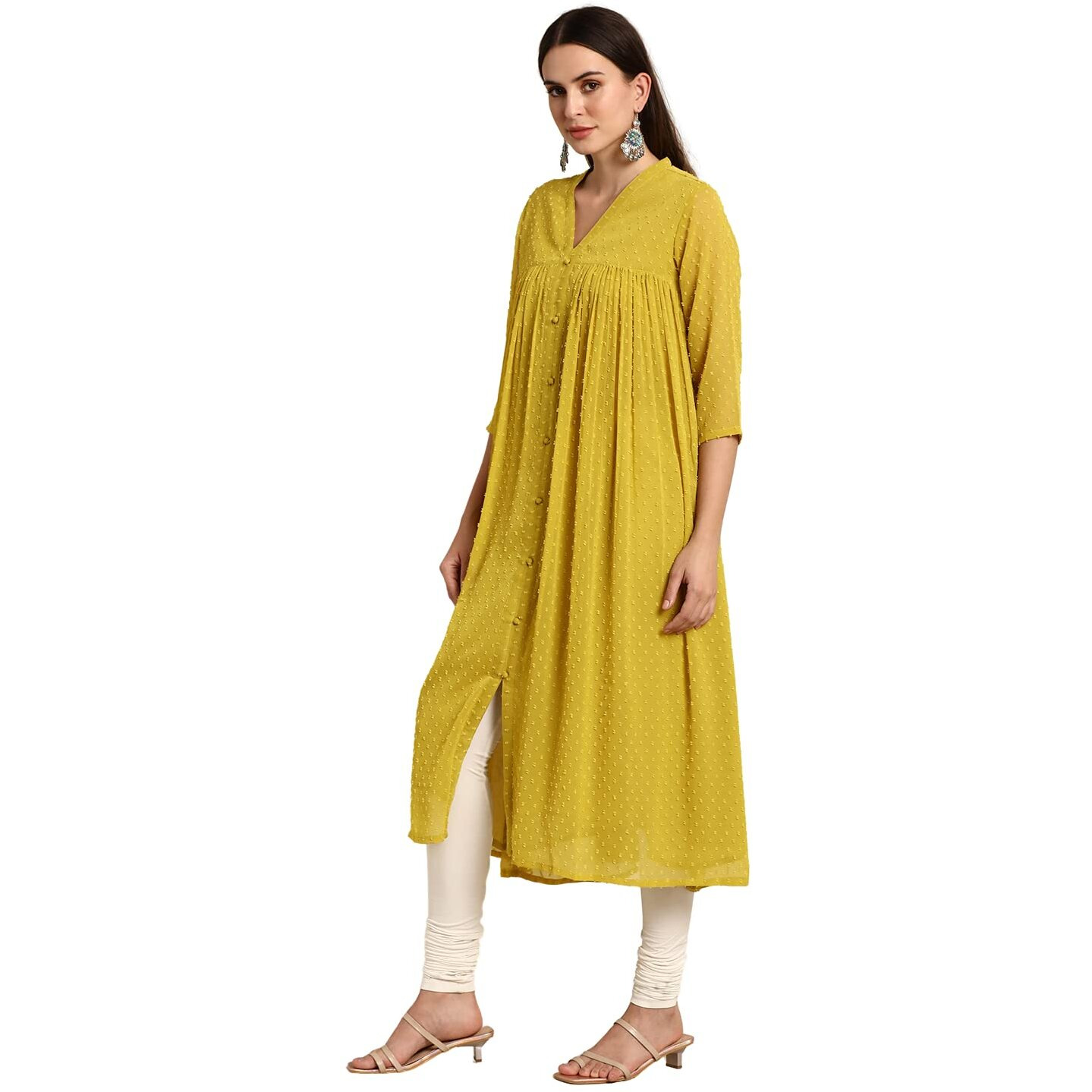 Janasya Women's Mustard Dobby Chiffon Woven Design Front Slit Flared Kurta (JNE3800-KR-J-XL)