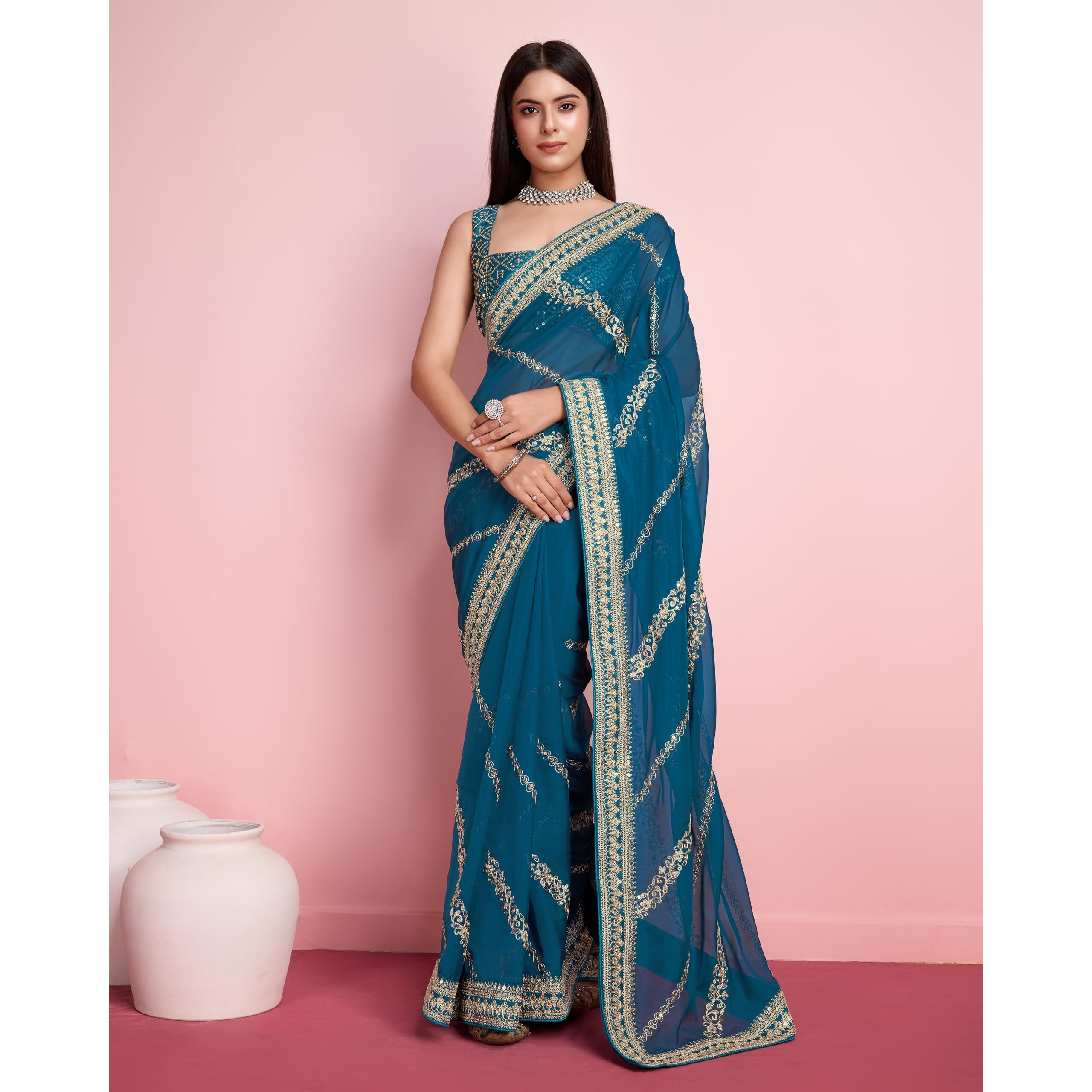 VAIRAGEE Women Soft Organza Teal Saree Pattern Embroidery Border Zari Work With Sequnce Saree (6249)