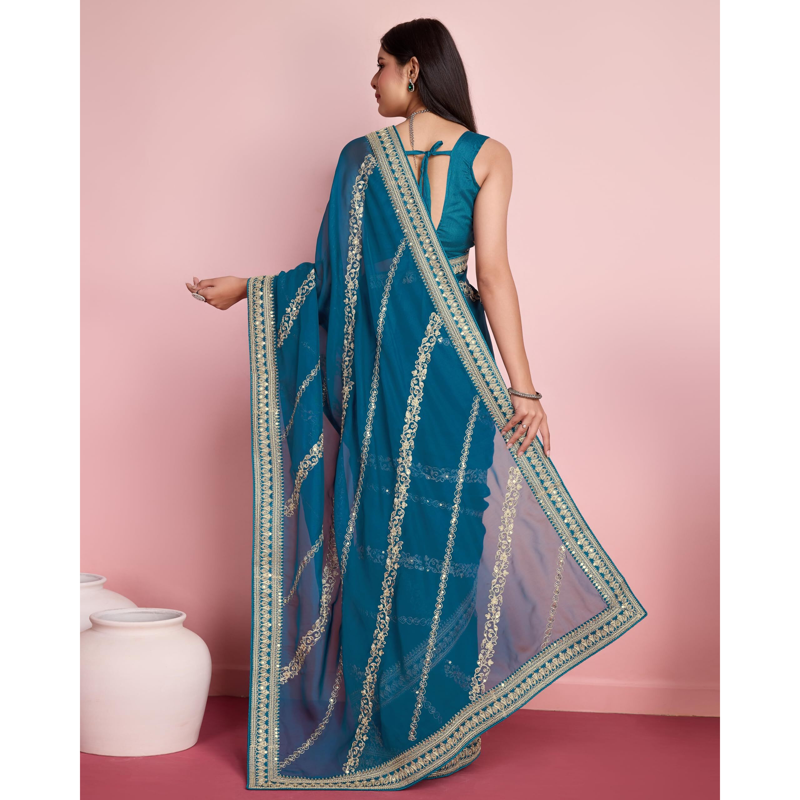 VAIRAGEE Women Soft Organza Teal Saree Pattern Embroidery Border Zari Work With Sequnce Saree (6249)