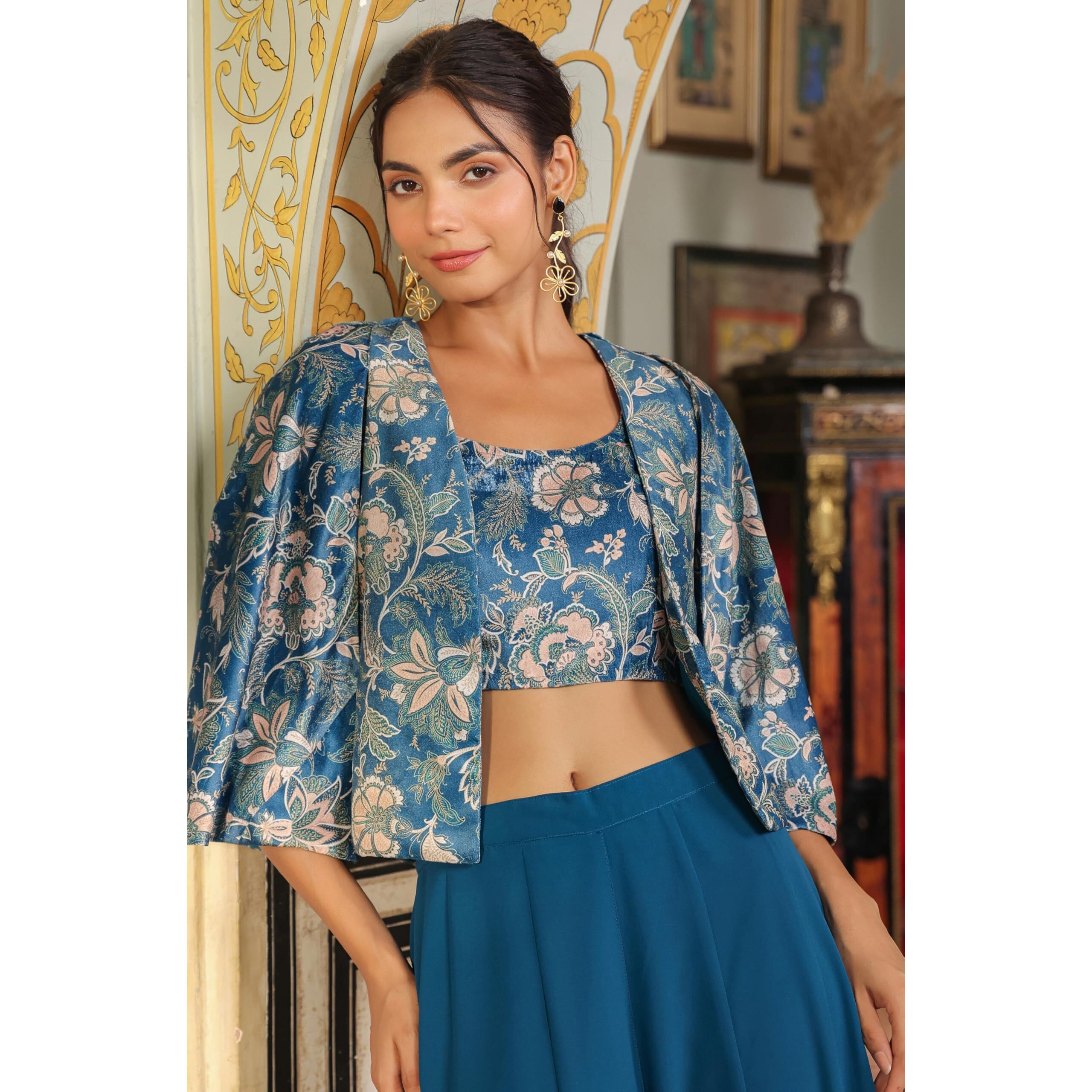 Janasya Women's Teal Blue Velvet Floral Printed Crop Top with Palazzo & Cape Set (JAB24ST00686-XL)