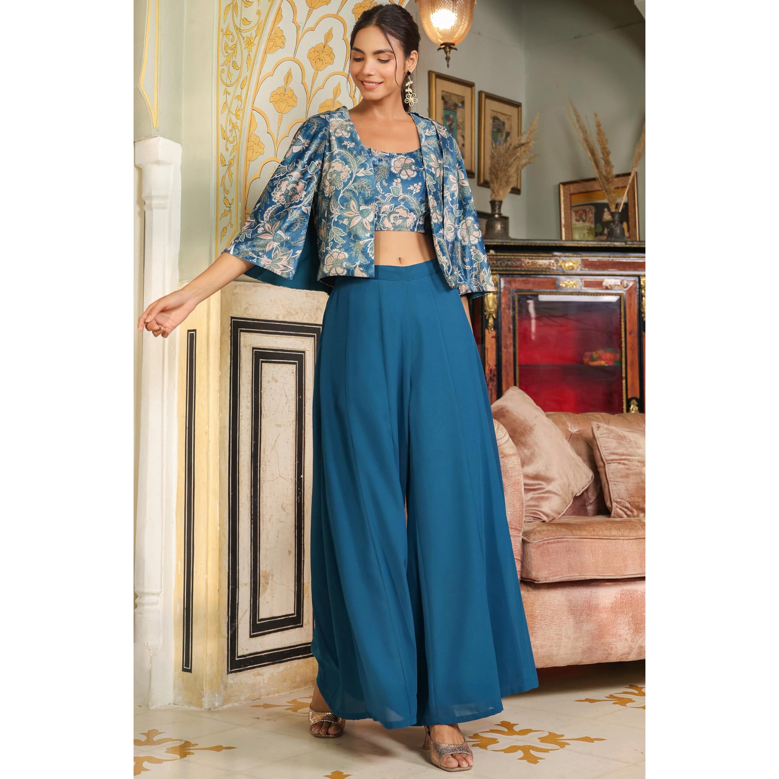 Janasya Women's Teal Blue Velvet Floral Printed Crop Top with Palazzo & Cape Set (JAB24ST00686-XL)