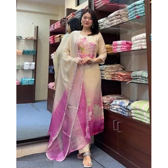 ACINOS Silk Blend Fabric Embroidered Work Straight Cut Kurta, Pant and Dupatta Set